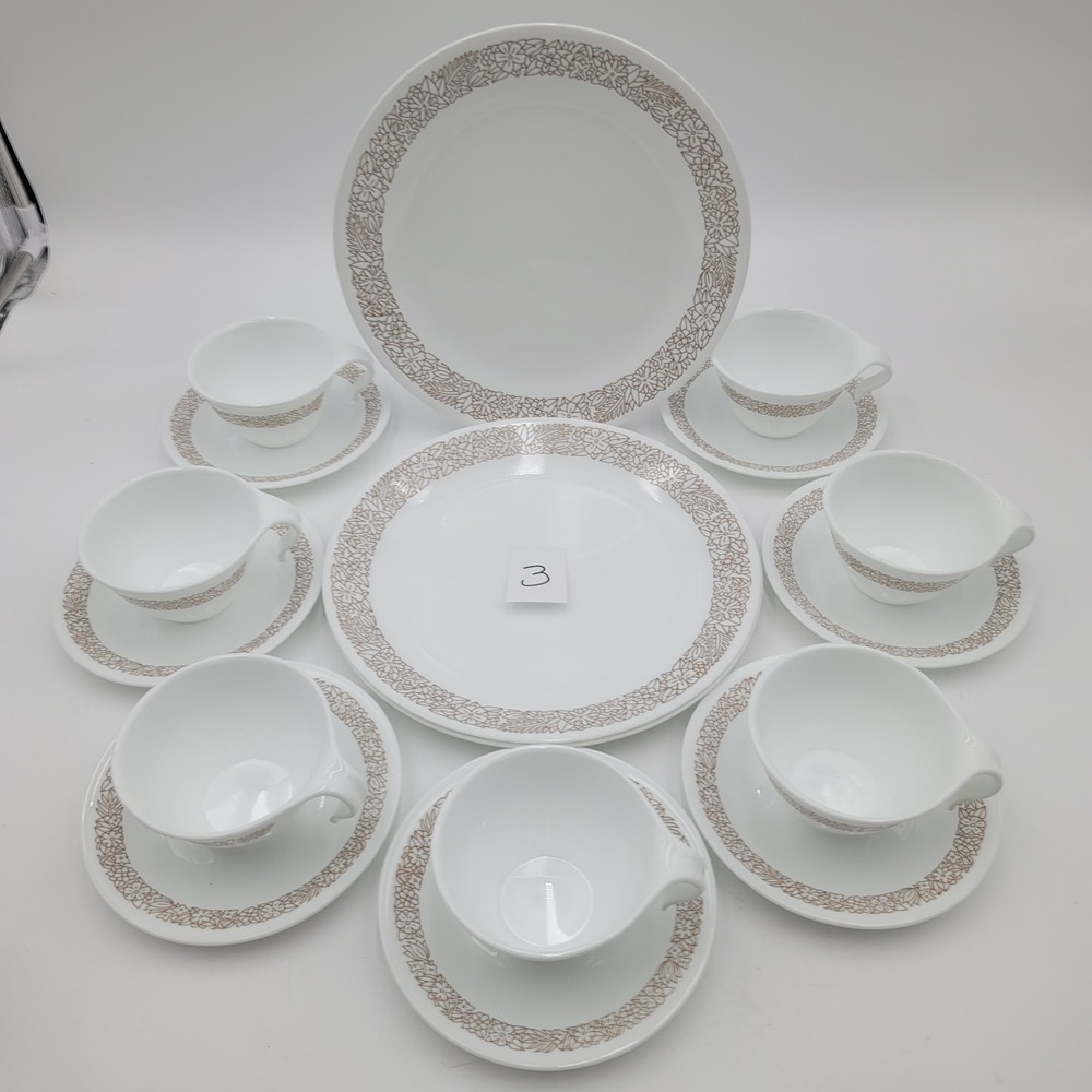 17pc Corelle Woodland Brown Dinnerware Set Vintage Corning Floral Plates Cups